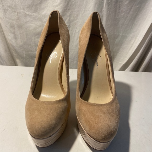 Jessica Simpson Shoes - Jessica Simpson tan suede 4.5” heels with snakeskin print size 10